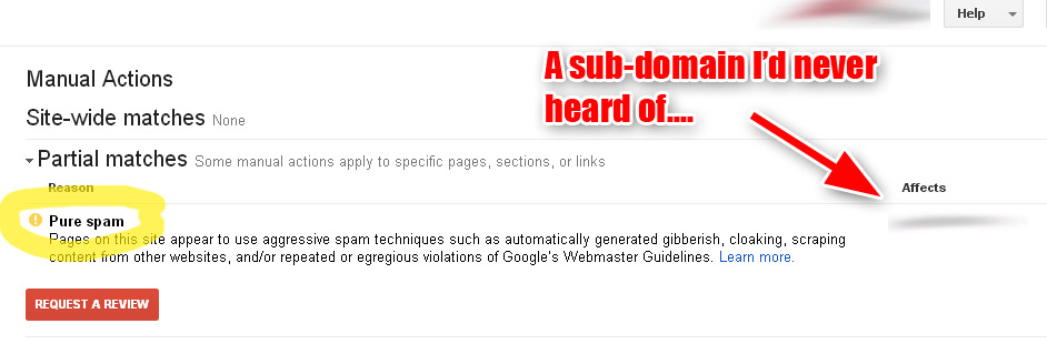 Google Search Console showing a pure spam manual action