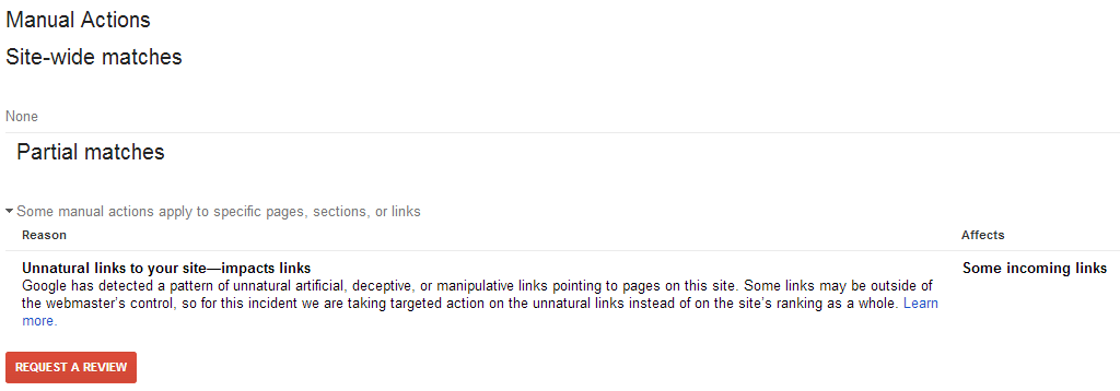 Manual action notice for unnatural links pointing to a site