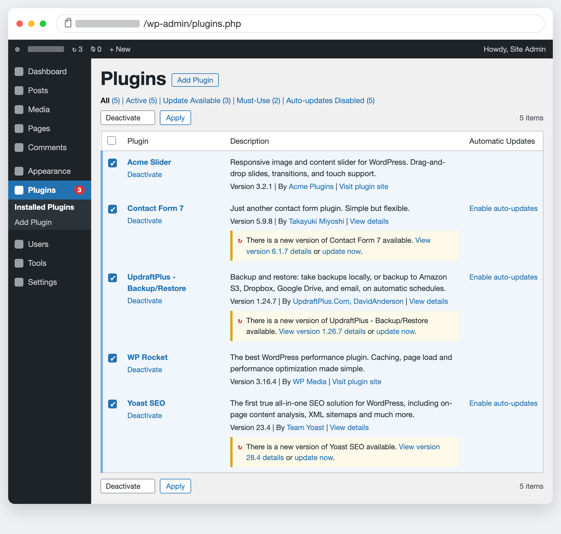 WordPress Plugins screen with every plugin selected and the Bulk actions menu set to Deactivate