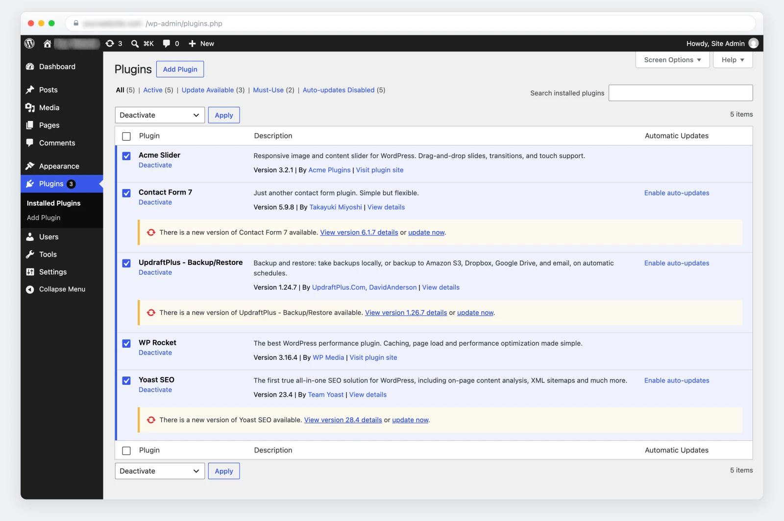 WordPress Plugins screen with every plugin selected and the Bulk actions menu set to Deactivate