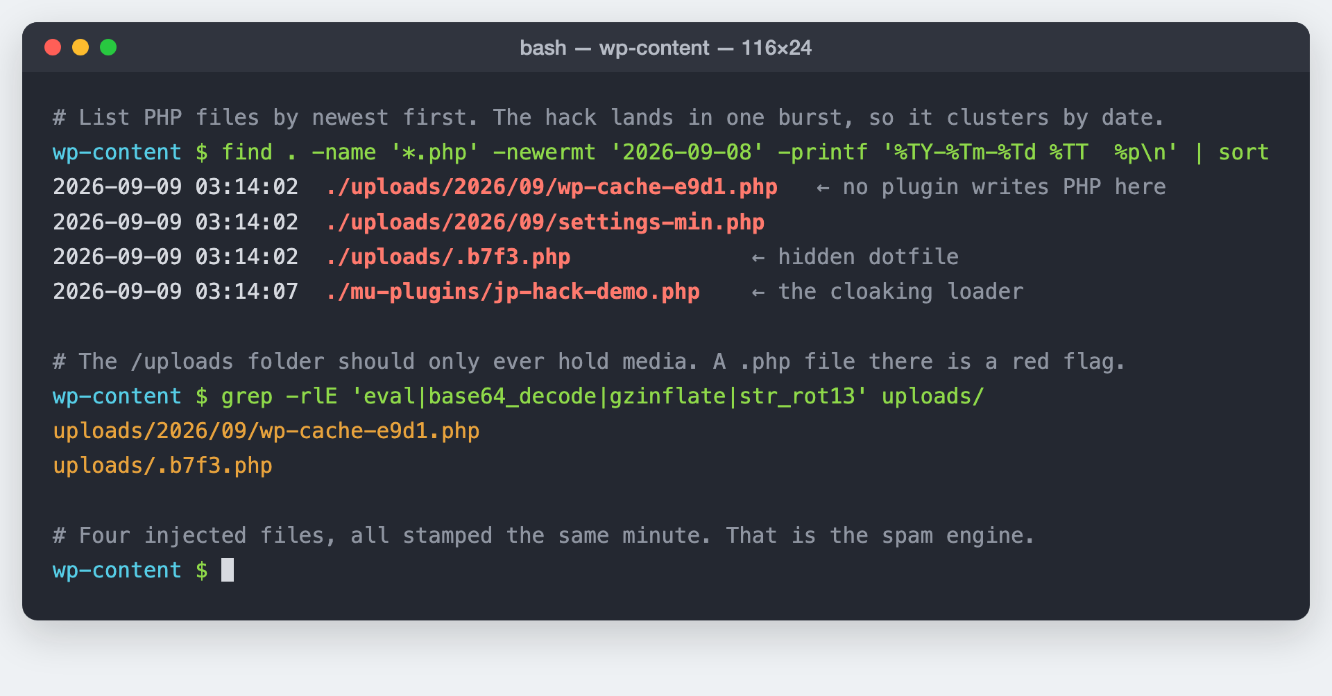 Terminal listing recently modified PHP files clustered at the same timestamp inside wp-content/uploads, with a grep for base64_decode and eval