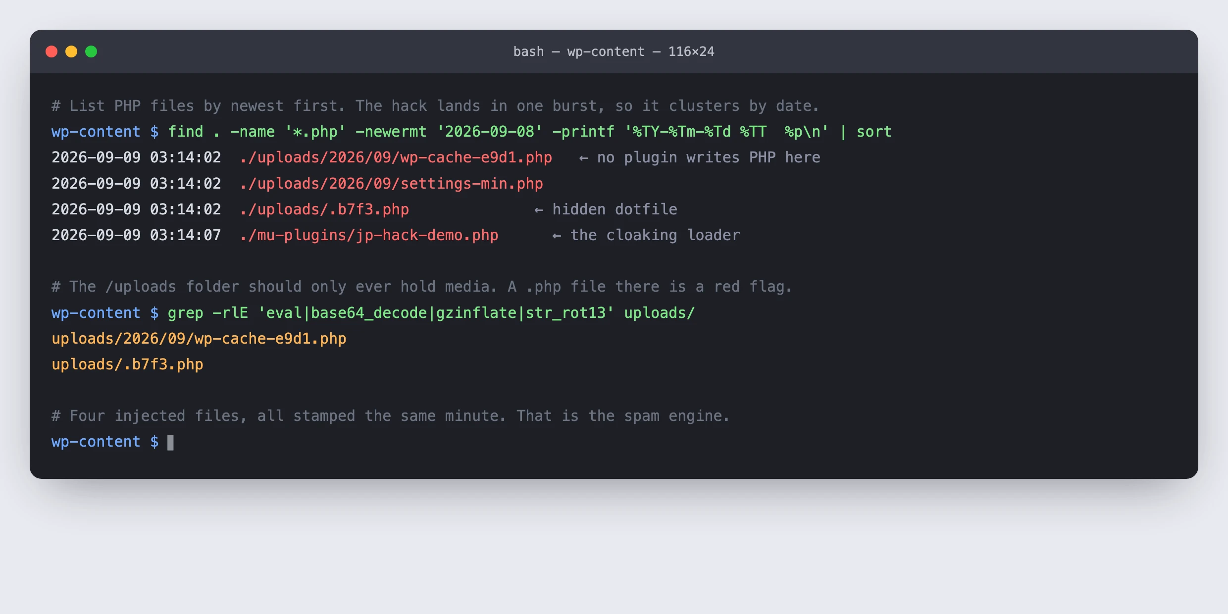 Terminal listing recently modified PHP files clustered at the same timestamp inside wp-content/uploads, with a grep for base64_decode and eval
