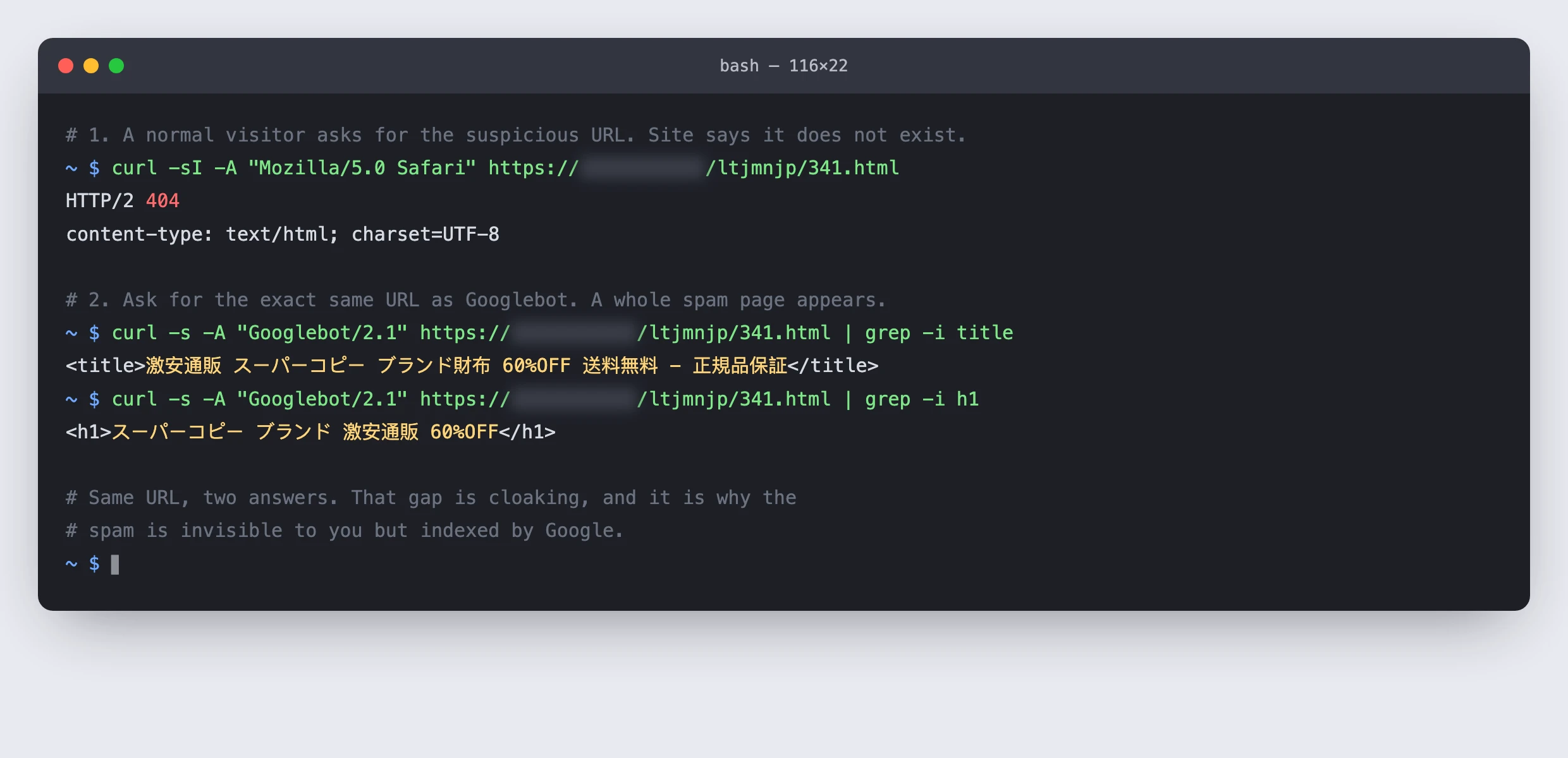 Terminal showing a hacked URL returning 404 to a normal browser but a Japanese spam page to the Googlebot user-agent, proving cloaking