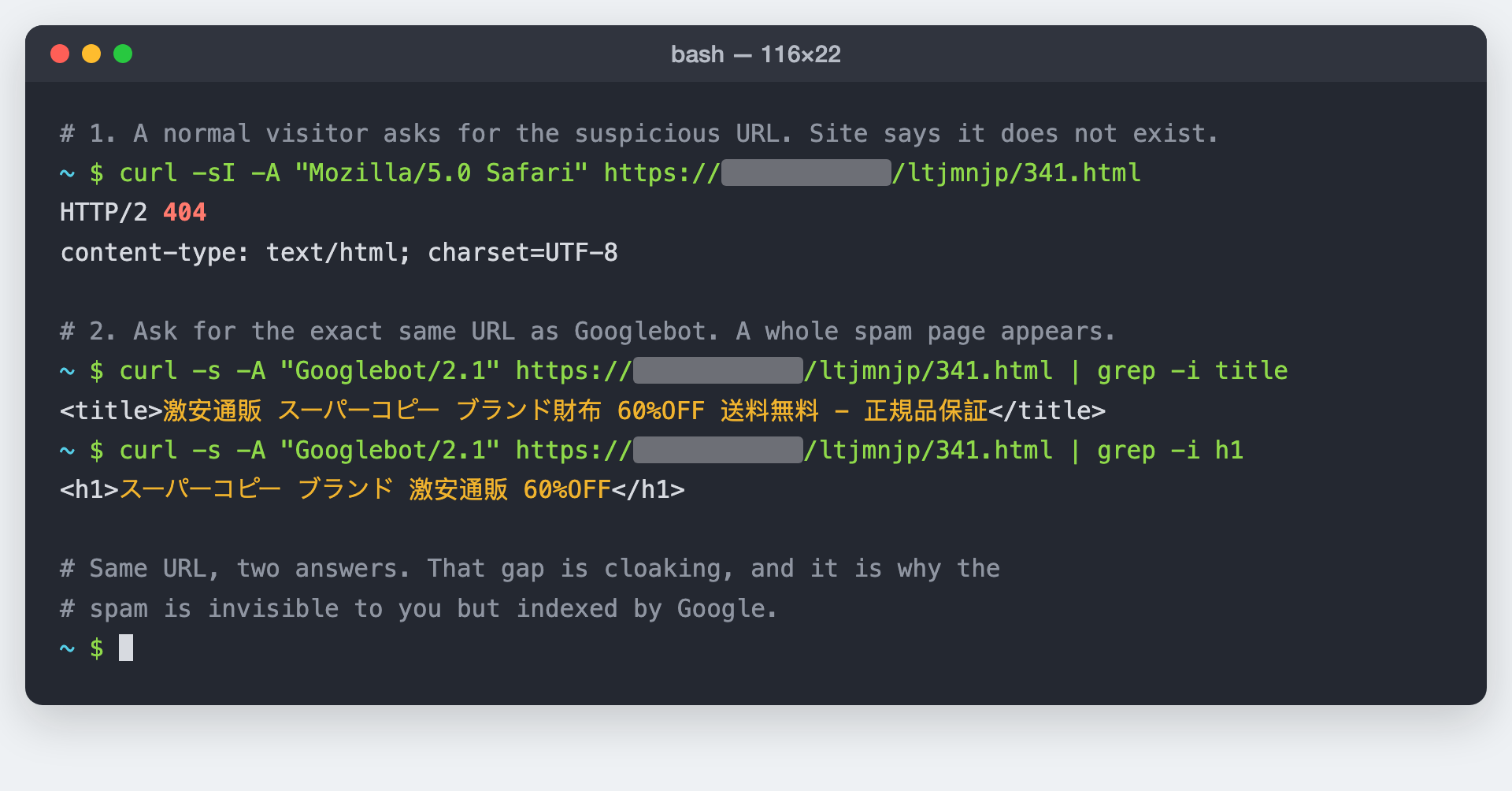 Terminal showing a hacked URL returning 404 to a normal browser but a Japanese spam page to the Googlebot user-agent, proving cloaking