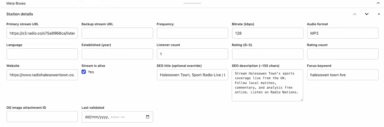 The custom Station details panel in the WordPress editor, with fields for primary and backup stream URL, frequency, bitrate, audio format, listener count, SEO title, SEO description and focus keyword