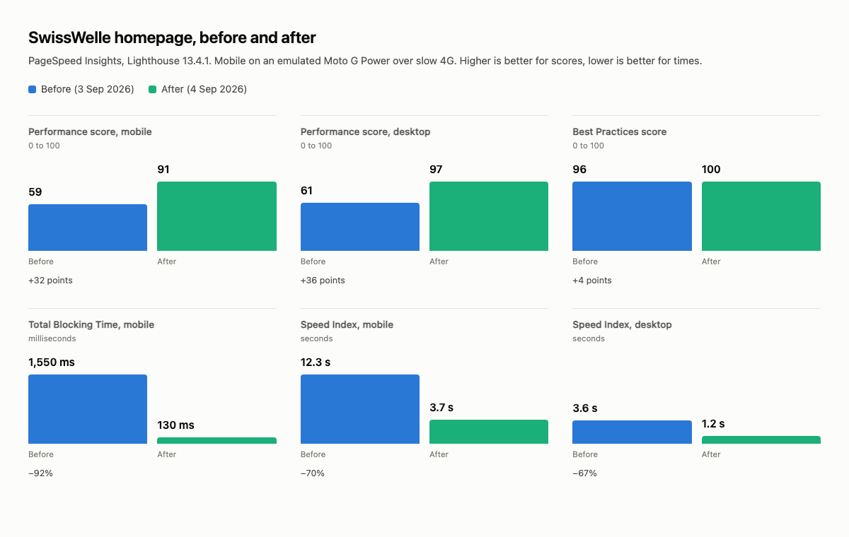 Paired bar charts comparing SwissWelle PageSpeed scores, Total Blocking Time and Speed Index before and after optimisation