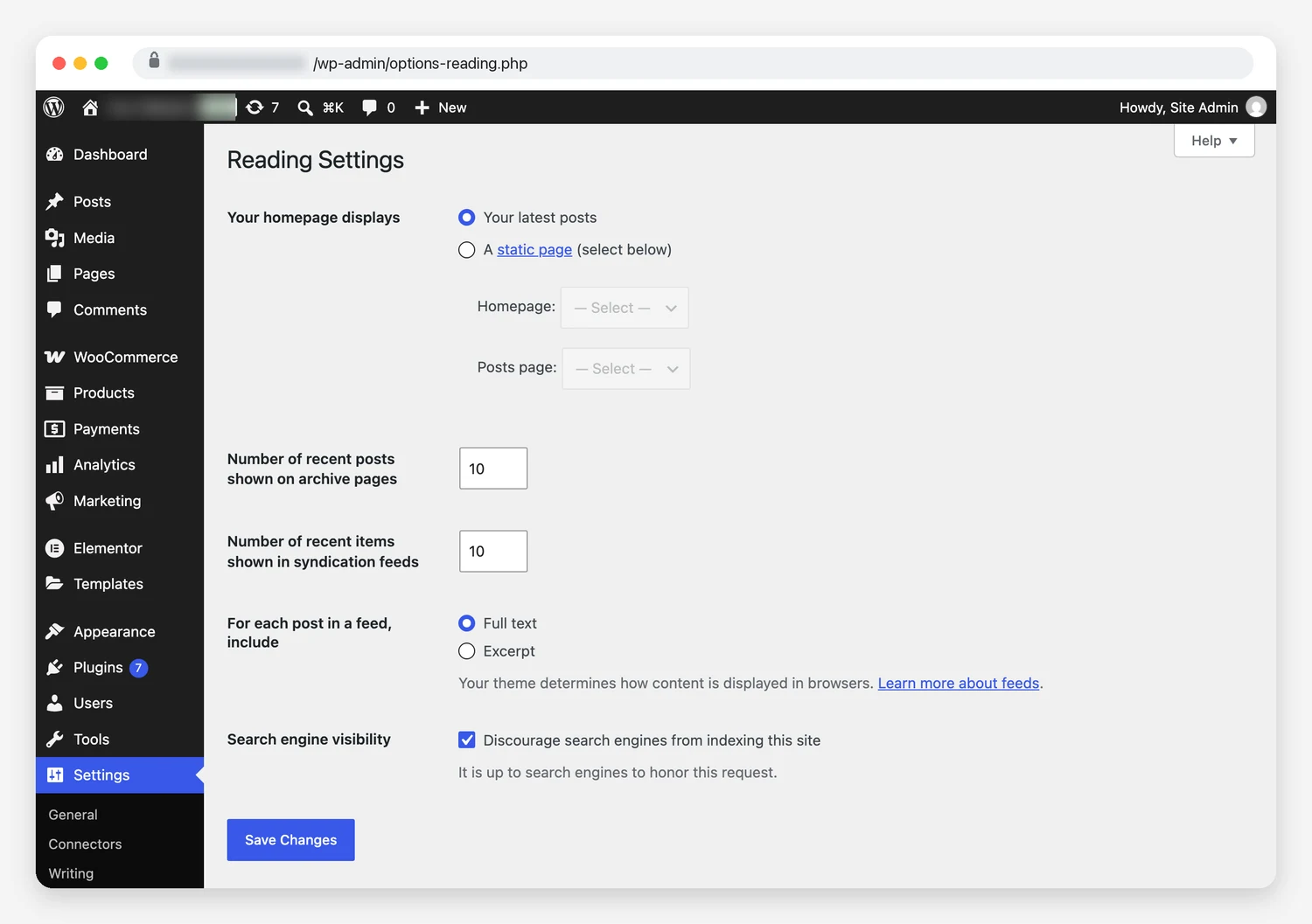 WordPress Reading Settings screen with the Discourage search engines from indexing this site box ticked