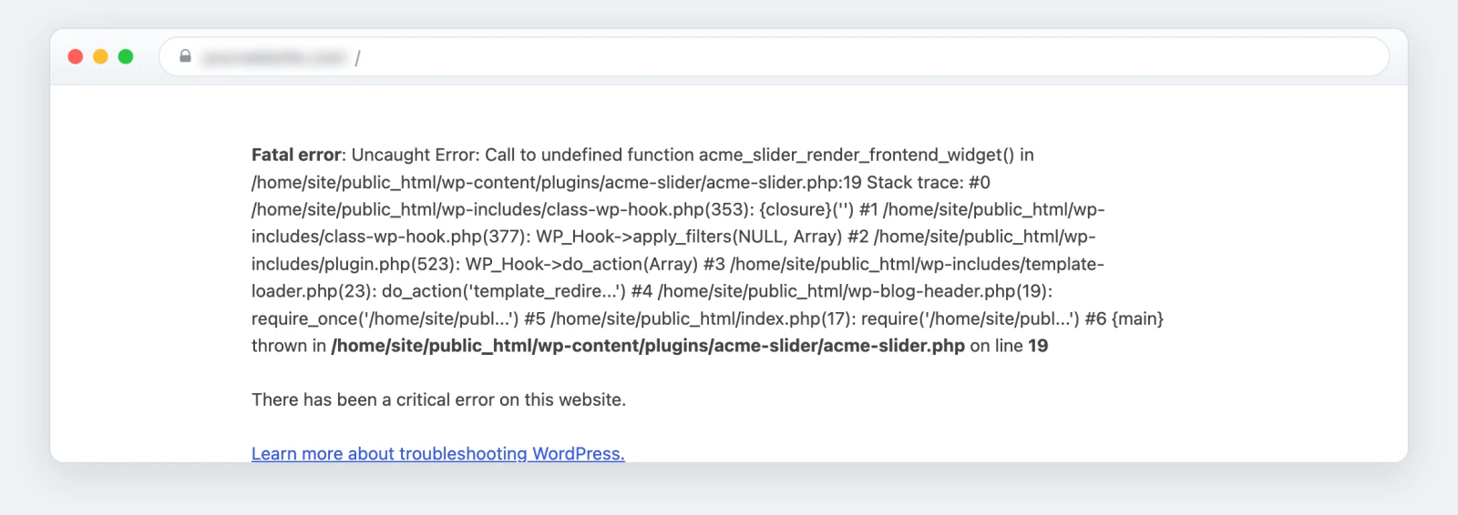 WordPress fatal error shown on screen with WP_DEBUG on, naming the plugin file acme-slider.php and line 19 that caused the White Screen of Death