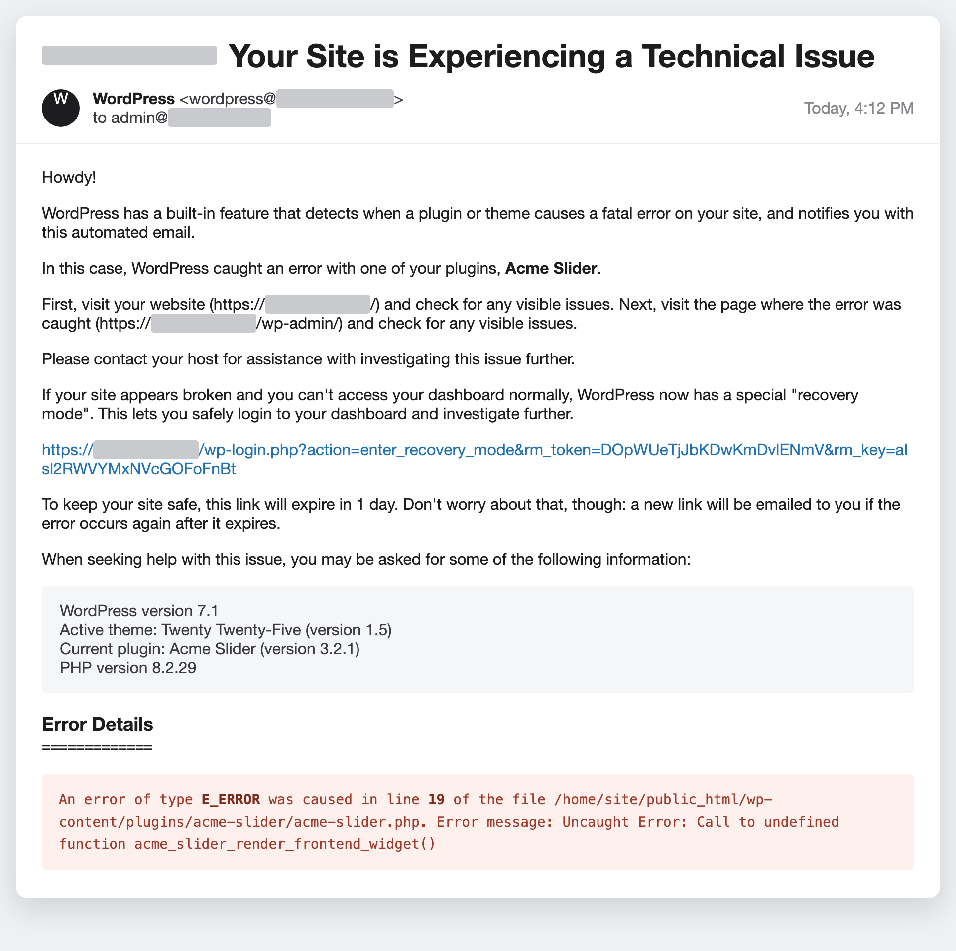 WordPress Recovery Mode email naming the plugin that caused the fatal error and a link to log in with it paused