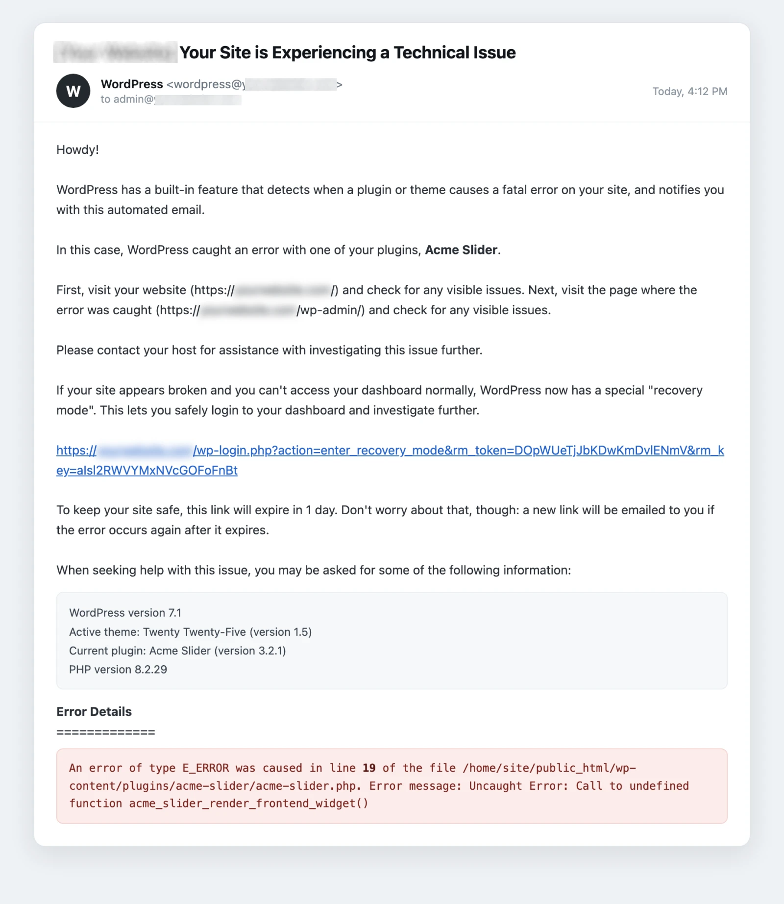 WordPress Recovery Mode email naming the plugin that caused the fatal error and a link to log in with it paused