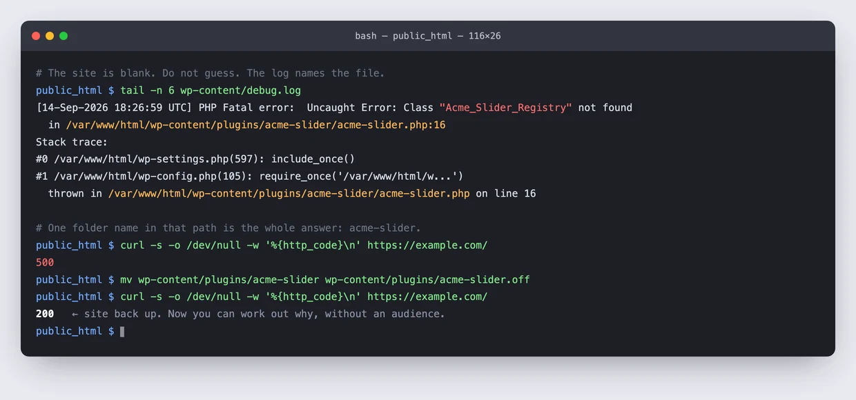 Terminal showing a WordPress debug.log fatal error naming the plugin file, then the site returning to HTTP 200 after the plugin folder is renamed