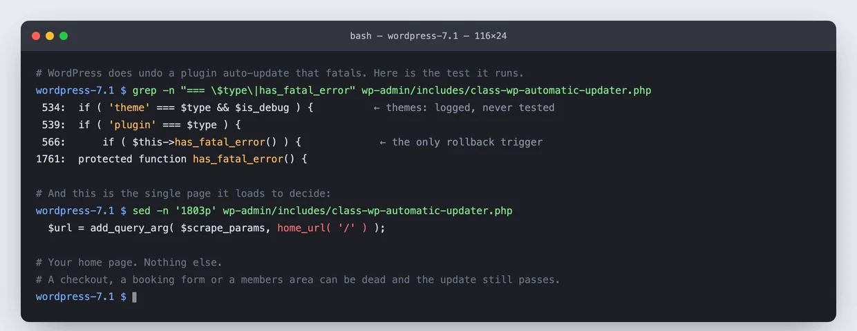 Terminal showing WordPress core source where the automatic updater tests only the home page before rolling back a plugin update
