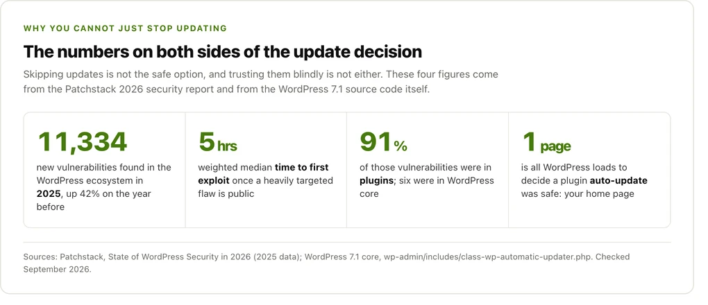 Statistics panel showing 11,334 WordPress vulnerabilities in 2025, a five hour median time to first exploit, 91 percent found in plugins, and one page checked before an auto-update is accepted